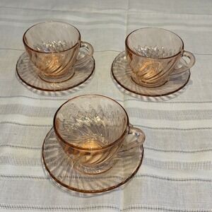 Cristal D'Arques-Durand Rosaline Pink Swirl Optic Cup Saucer Set Of 3‎ VTG 90s
